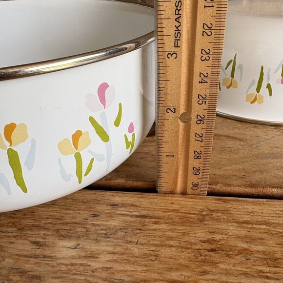 Vintage Enamelware Nesting Mixing Bowls Yellow Flowers Tulips READ - Picture 7 of 10